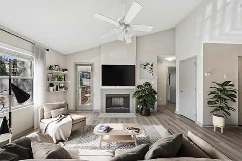 A living room with a fireplace and a television.