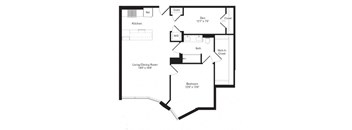 A floor plan of a house with a living/dining room, kitchen, bedroom, bath, closet, and a walk-in closet.