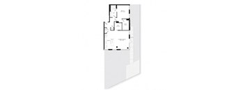 A floor plan of a house with a living room, two bedrooms, a bathroom, and a kitchen.