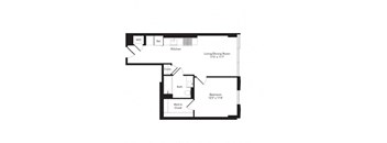 A floor plan of a small apartment with a living/dining room, kitchen, bedroom, bath, and walk-in closet.