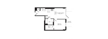 A floor plan of a home with a living/dining room, kitchen, bath, bedroom, and walk-in closet.