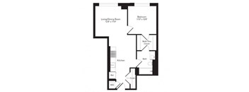 A floor plan of a small apartment with a living/dining room, kitchen, bath, bedroom and walk-thru closet.