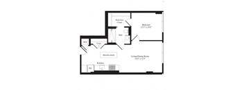 A floor plan of a house with a living room, kitchen, bedroom and bathroom.