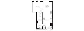 A floor plan of a small apartment with a bedroom, living room, kitchen, bathroom, and walk-in closet.