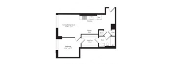 A black and white image of a floor plan for a living/dining room, kitchen, and bedroom.