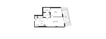 A floor plan of a house with a bedroom, a living room, a kitchen, a bathroom, a walk-thru closet, and a terrace.