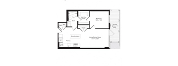 A floor plan of a house with a living/dining room, kitchen, bath, closets, and a bedroom.