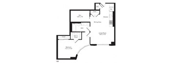 A floor plan of a one bedroom apartment with a living room, dining area, kitchen, bath, and closets.