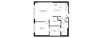 A floor plan of a small apartment with a living/dining room, bedroom, bathroom, and a kitchen with a movable island.