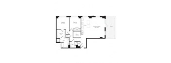 A black and white floor plan of a house with two bedrooms, a living room, a kitchen, a work/guest room, a bathroom, and a terrace.