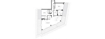A floor plan of a house with a living room, two bedrooms, a bathroom, a kitchen, and a terrace.