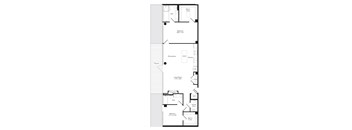 A floor plan of a house with a dining area, kitchen, living room, two bathrooms, and two bedrooms.