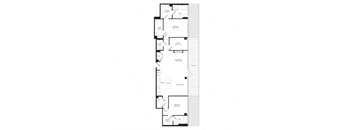 A floor plan of an apartment with a living room, dining room, kitchen, and two bedrooms.