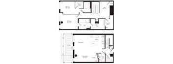 two floor plans of a house with a garage and a staircase