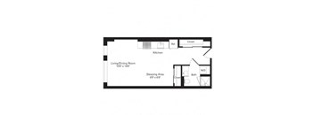 A floor plan of a small apartment with a living/dining room, kitchen, sleeping area, and bathroom.