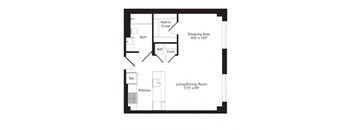 A floor plan of a small apartment with a sleeping area, a living/dining room, a kitchen, a bathroom, and a walk-in closet.