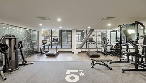A gym with a variety of equipment including treadmills, weights, and exercise machines.