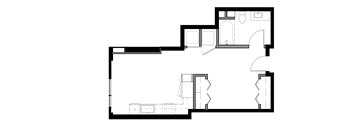 A black and white floor plan of a house with a kitchen, living room, and bathroom.