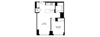 a floor plan of a small room with a bed and a desk
