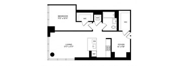 the floor plan of a small apartment with a bedroom and a living room