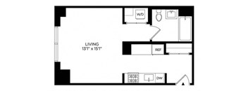 the floor plan of a small apartment with a bedroom and a living room