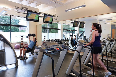 A woman is running on a treadmill in a gym with a man on a rowing machine in the background.