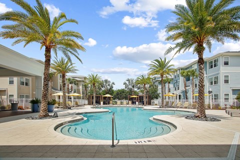Resort style swimming pool with palm trees in front of apartment buildings