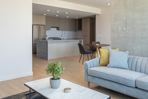 A modern living room with a grey couch and a coffee table.