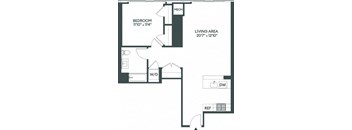 the floor plan of a studio apartment with a bedroom and a living room