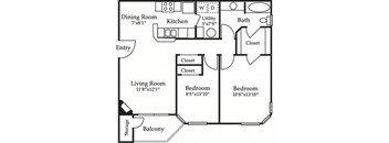 A black and white image of an apartment floor plan with a living room, two bedrooms, a kitchen, a bathroom, a dining room, and a balcony.