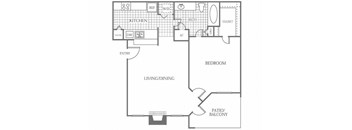 A black and white floor plan of an apartment with a kitchen, living room, dining room, bedroom, bathroom, and patio.