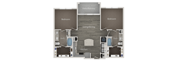 a 1 bedroom floor plan with baths and a closet