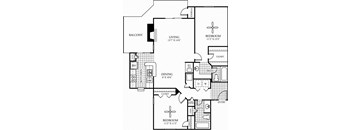 A black and white image of an apartment floor plan with a balcony, two bedrooms, a living room, a dining room, a kitchen, and a bathroom.