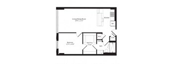 the floor plan for the apartment has a small kitchen and a living room