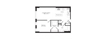 the floor plan for the apartment has a small kitchen and a living room