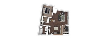 A 3D floor plan of an apartment with a kitchen, living room, and bathroom.