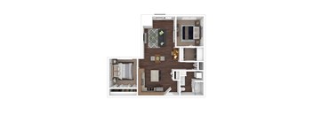 A floor plan of a two-bedroom apartment with a living room, kitchen, and bathroom.
