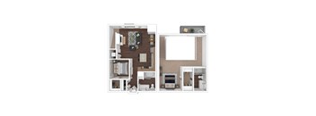 A floor plan of a two-bedroom apartment with a living room, kitchen, and bathroom.