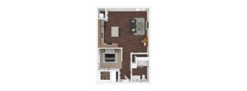 A 3D rendered image of a small apartment layout.