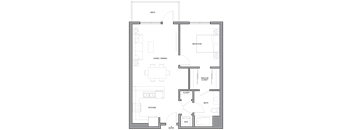 A floor plan of a house with a kitchen, living room, dining room, bedroom, bathroom, and closet.