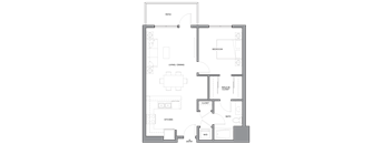 A floor plan of a house with a kitchen, living room, dining room, bedroom, bathroom, closet, and entry.