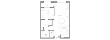 A floor plan of a house with a deck, bedroom, bath, living/dining area, kitchen, and walk-in closet.