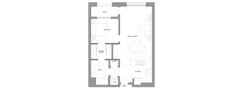 A floor plan of a house with a patio, bedroom, living/dining area, kitchen, bath, walk-in closet, and entry.