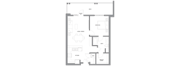 A floor plan of an apartment with a kitchen, living room, dining room, bedroom, bathroom, and walk-in closet.