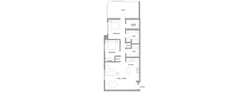 A floor plan of an apartment with a deck, two bedrooms, a bath, a utility, a kitchen, a living/dining area, and an entry.