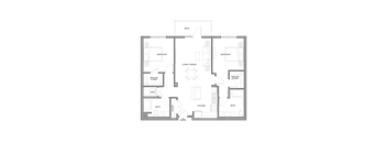A floor plan of an apartment with two bedrooms, a living room, a dining room, a kitchen, two bathrooms, and a deck.