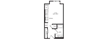 A floor plan of a small apartment with a kitchen, bathroom, and living room.