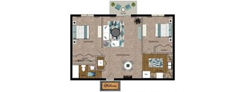a floor plan of a bedroom apartment with furniture and a rug