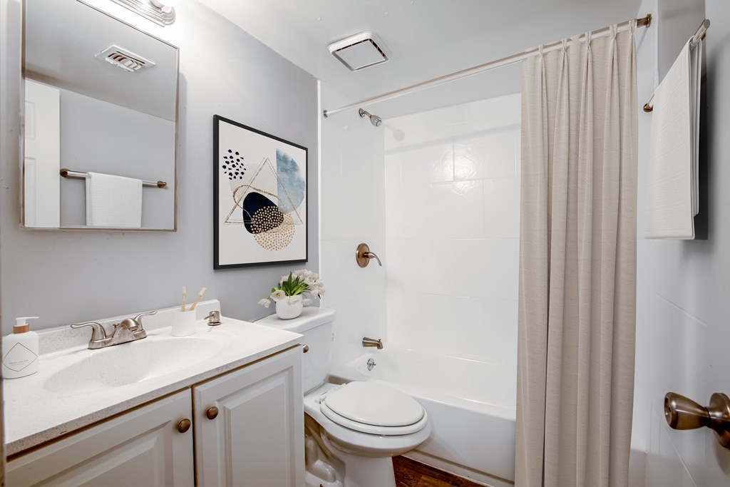 A bathroom with a white toilet, sink, and shower.
