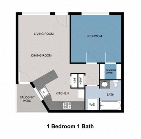 A floor plan of a one bedroom apartment with a bath, bathroom, kitchen, living room, and balcony